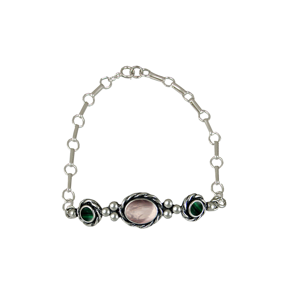 Sterling Silver Gemstone Adjustable Chain Bracelet With Rose Quartz And Malachite